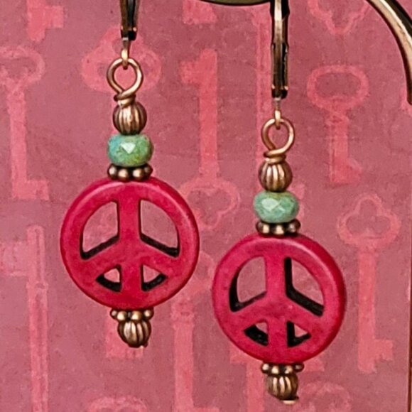 Burgundy RED Howlite Peace Sign Czech Copper Earrings Brass Lever Back Earwires - Picture 2 of 9